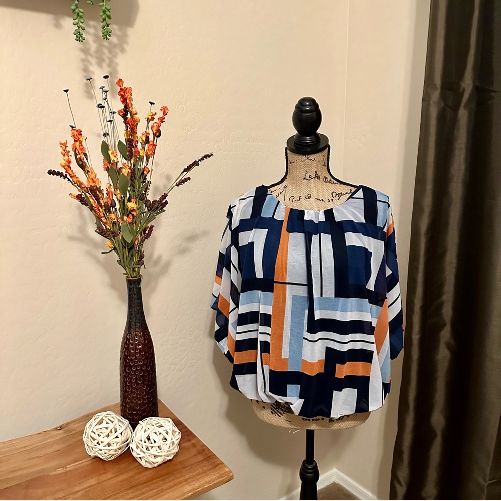 Alfani Blue and Orange Geometric Blouse